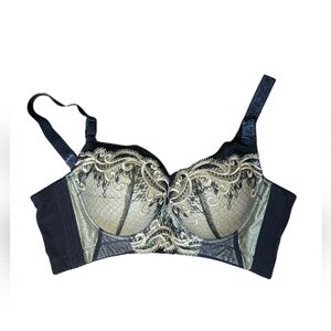Vintage-Inspired Black Gold Embroidered Push-Up Bra • Lace Mesh •‎ InFanta 36B